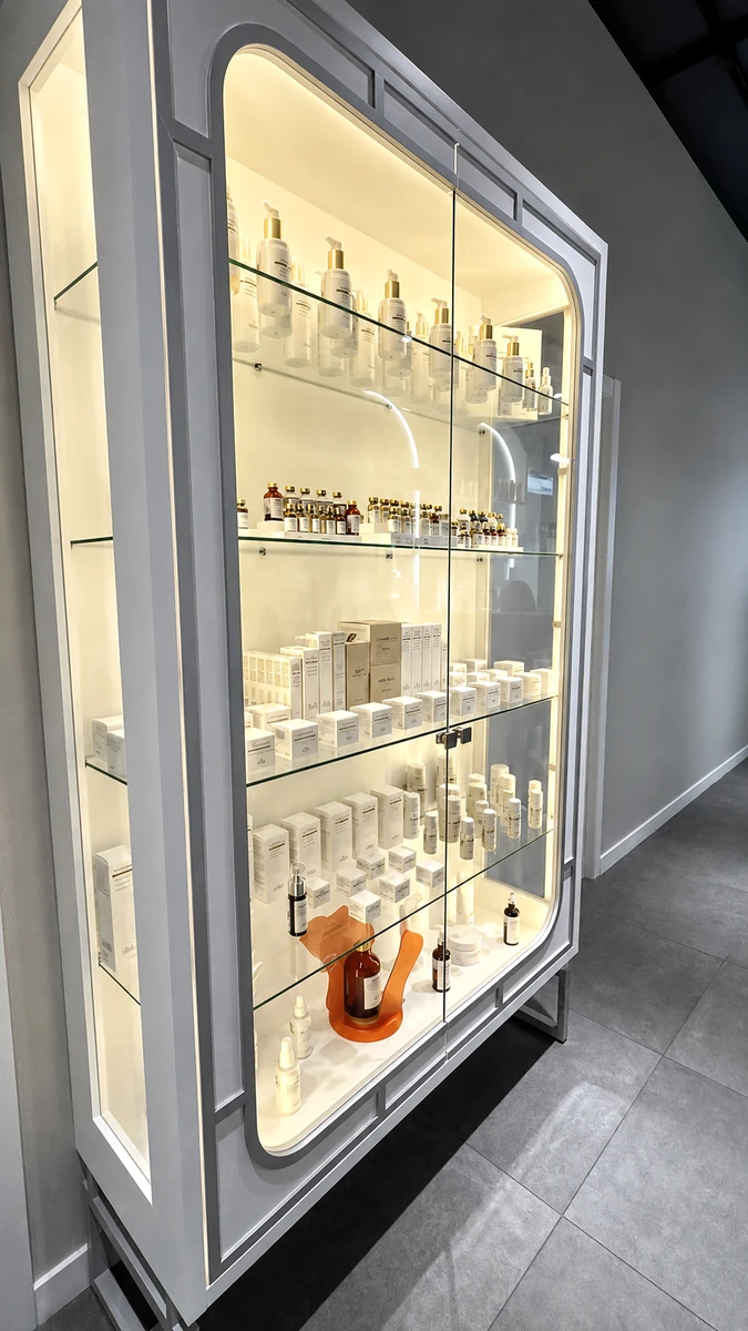 Светлая витрина с продуктами Biologique Recherche